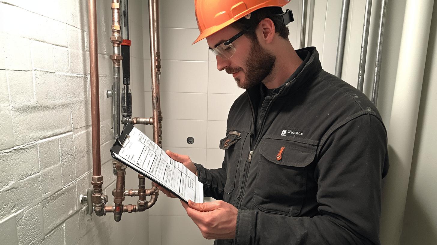 a plumber looking at a checklist - plumbing legal requirements