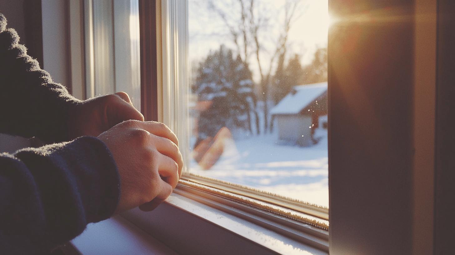 man looking outside the window during winter - winterize your home for comfort