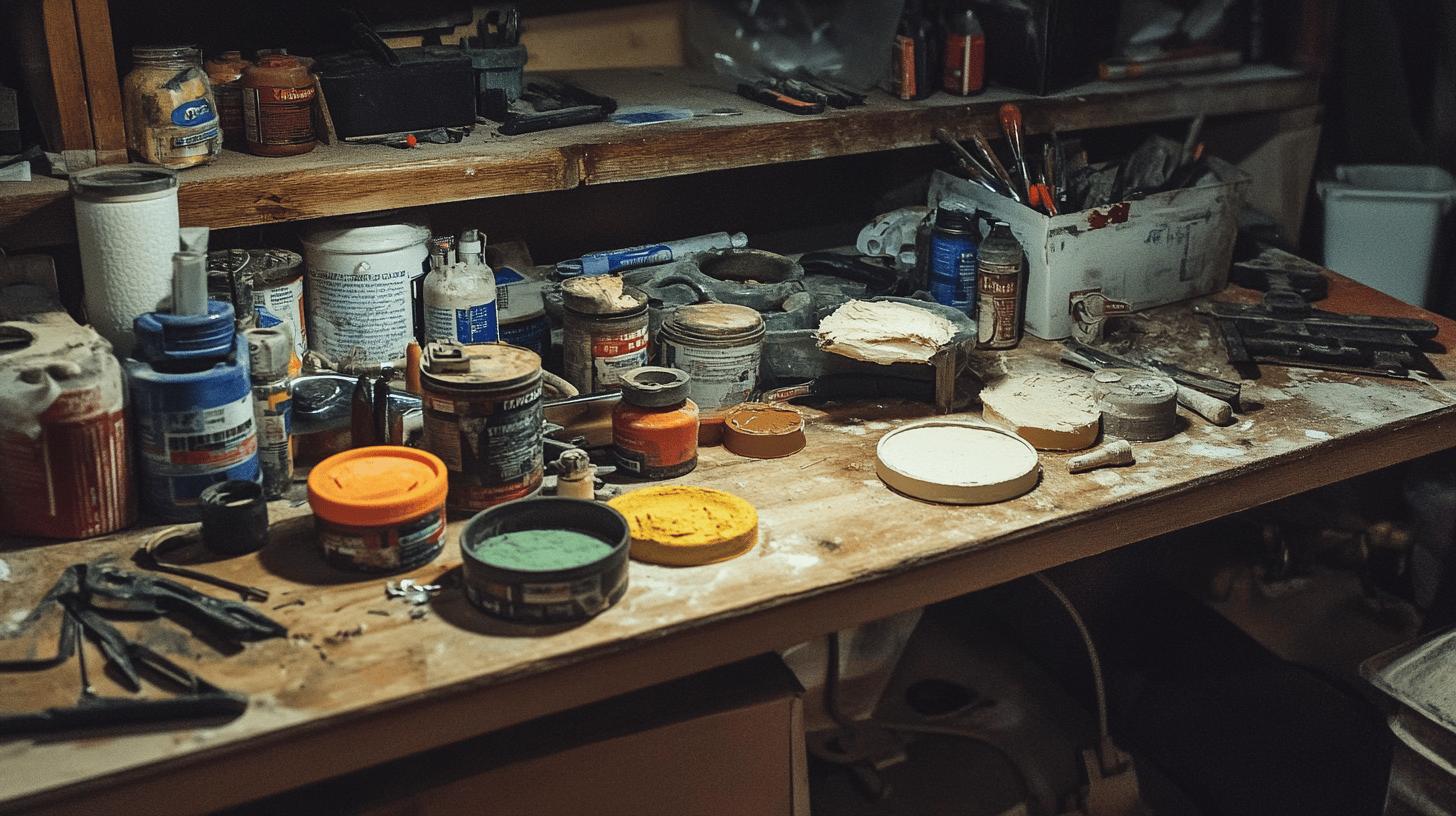 cans on a table - sealing putty