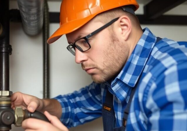 professional plumber gazing intently at burst water pipe - repair pipe leak